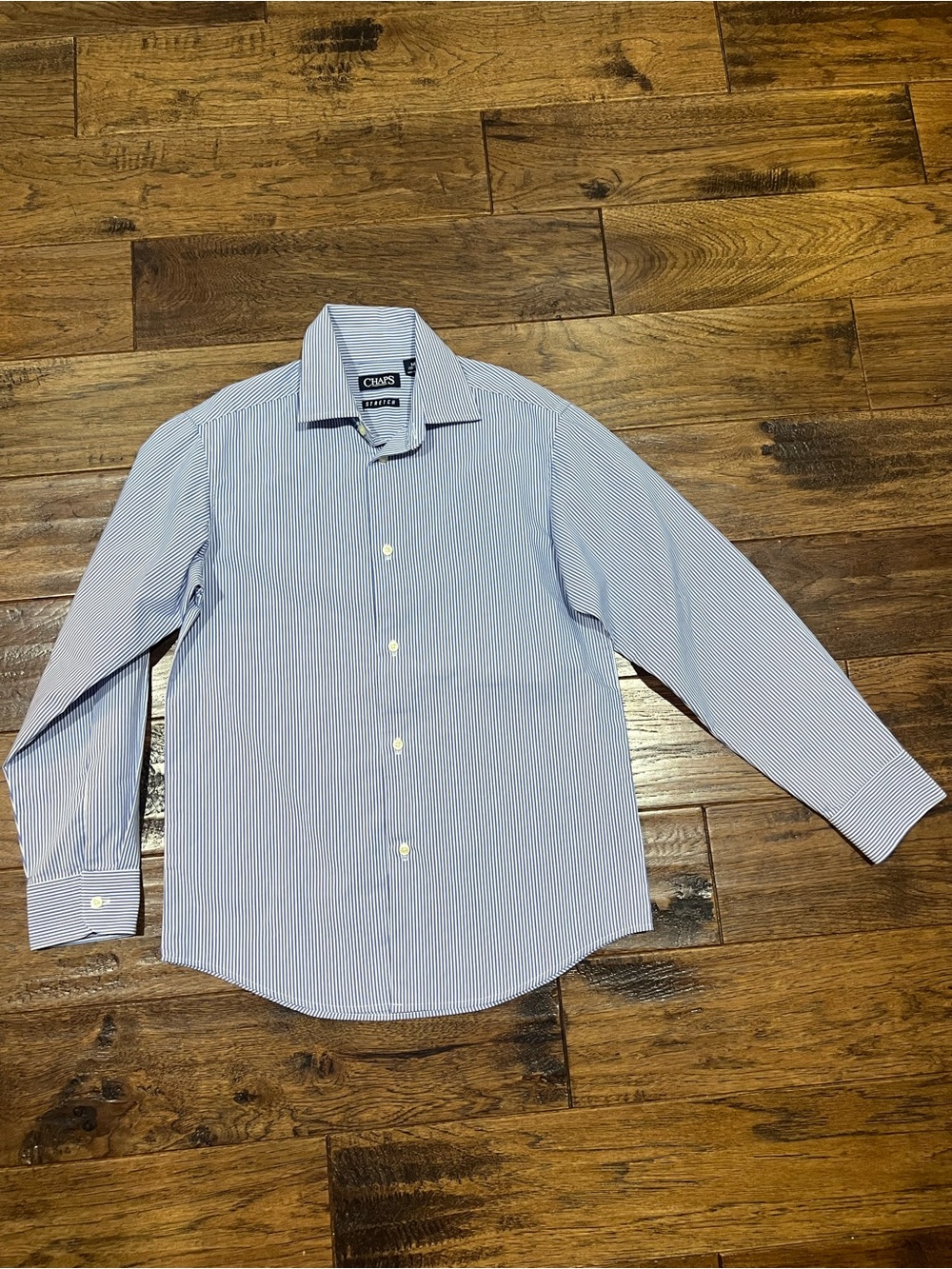 Chaps kids medium 10-12 stretch Blue and White Pinstripe Dress Shirt